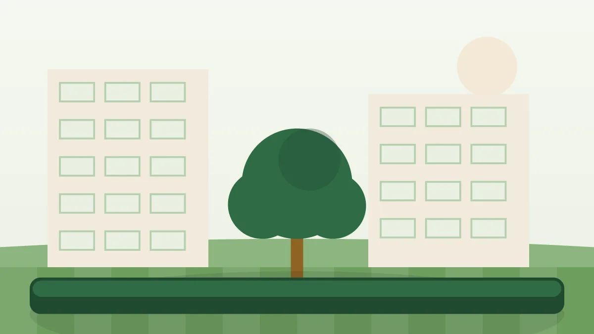 Ilustración del jardín comunitario de un edificio de viviendas con césped, setos y árboles