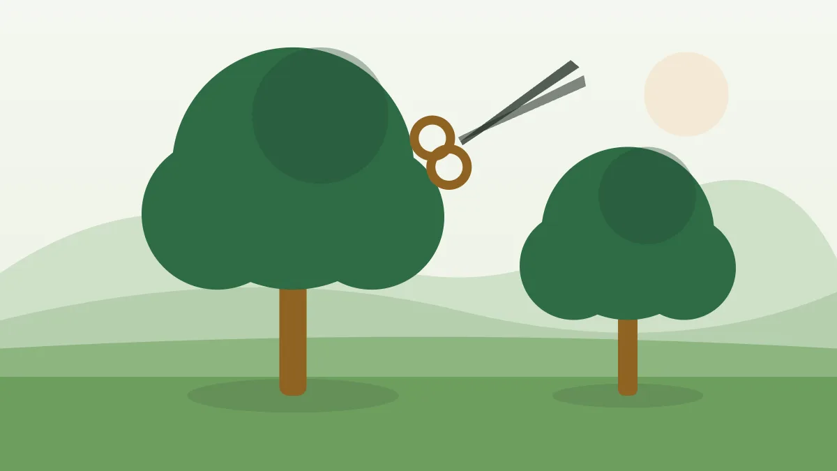 Ilustración de unas tijeras de podar junto a un limonero y una buganvilla en un jardín