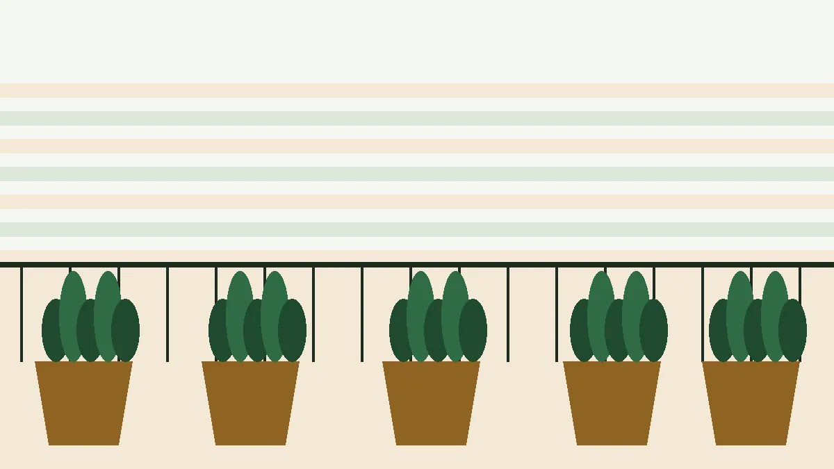 Ilustración de una terraza con macetas de plantas mediterráneas frente al mar