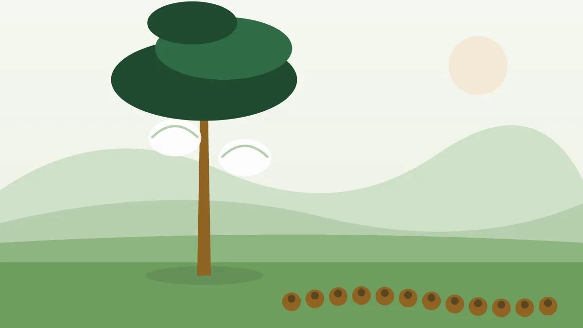 Ilustración de un pino con bolsas de seda de procesionaria en un jardín al pie de la montaña