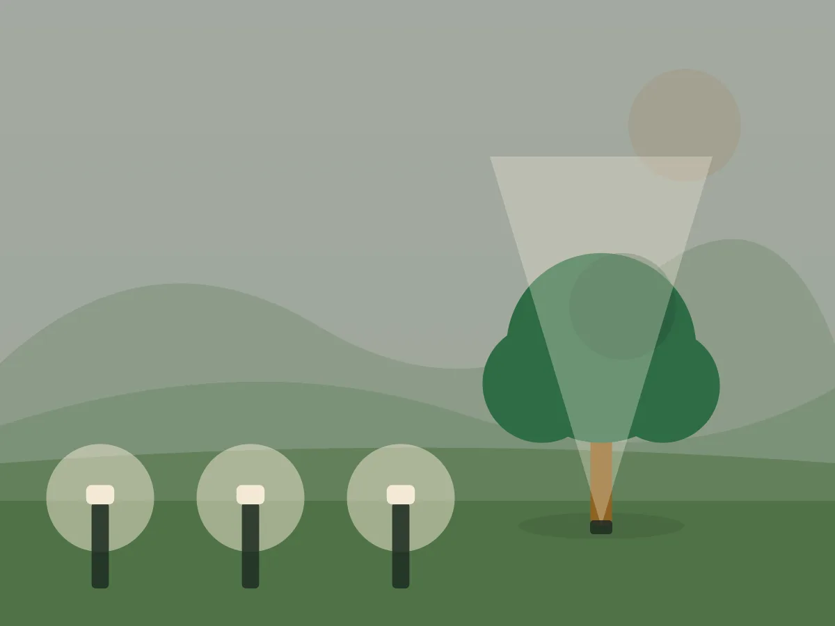 Ilustración de un jardín de noche con balizas en el camino y un árbol iluminado desde la copa