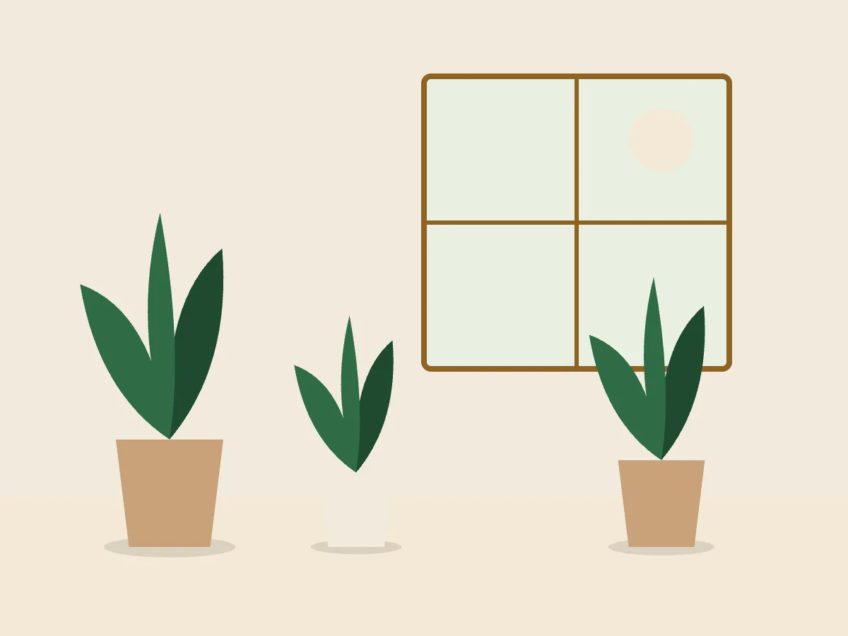 Ilustración de una recepción luminosa con plantas de interior en macetones junto a un ventanal