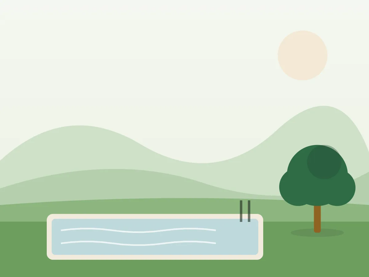 Ilustración de una piscina de jardín con agua clara, skimmer y una red recogehojas apoyada en el borde