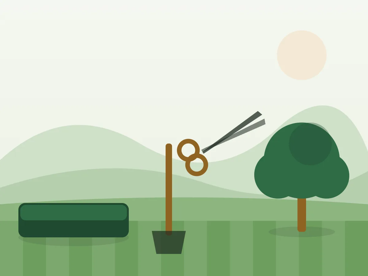 Ilustración de herramientas de jardinería junto a un seto y un árbol