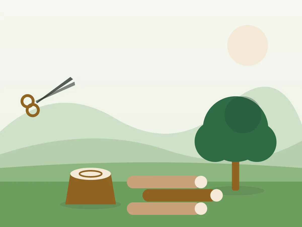 Ilustración de un jardín con un árbol cortado por tramos y su tocón junto a la valla