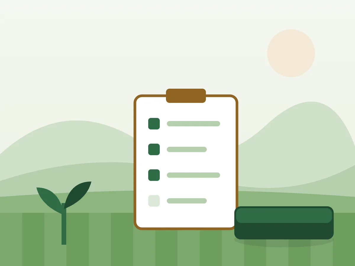 Ilustración de un jardinero revisando un seto con una libreta en la mano